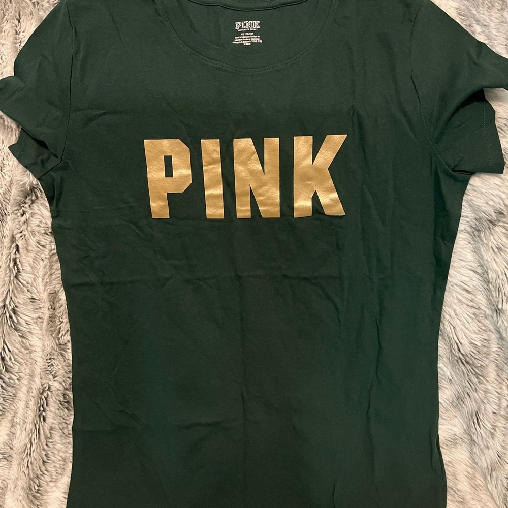 PINK Victoria's Secret Dark Green Tee with Gold Lettering